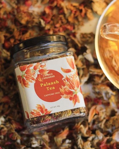 Palaash Lemon herbal tea with dried Palaash flowers and citrus notes, caffeine-free Ayurvedic floral tea blend.